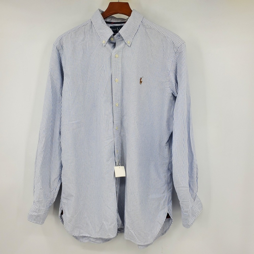 Ralph Lauren Mens Classic Fit Striped Oxford Button Shirt Blue White Flesh Pony